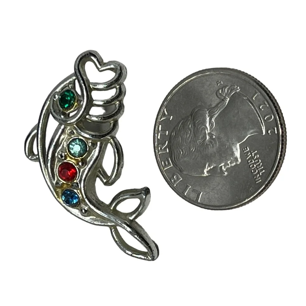Vintage Fish Brooch Silver Tone with Multi Color‎ Rhinestone Accent